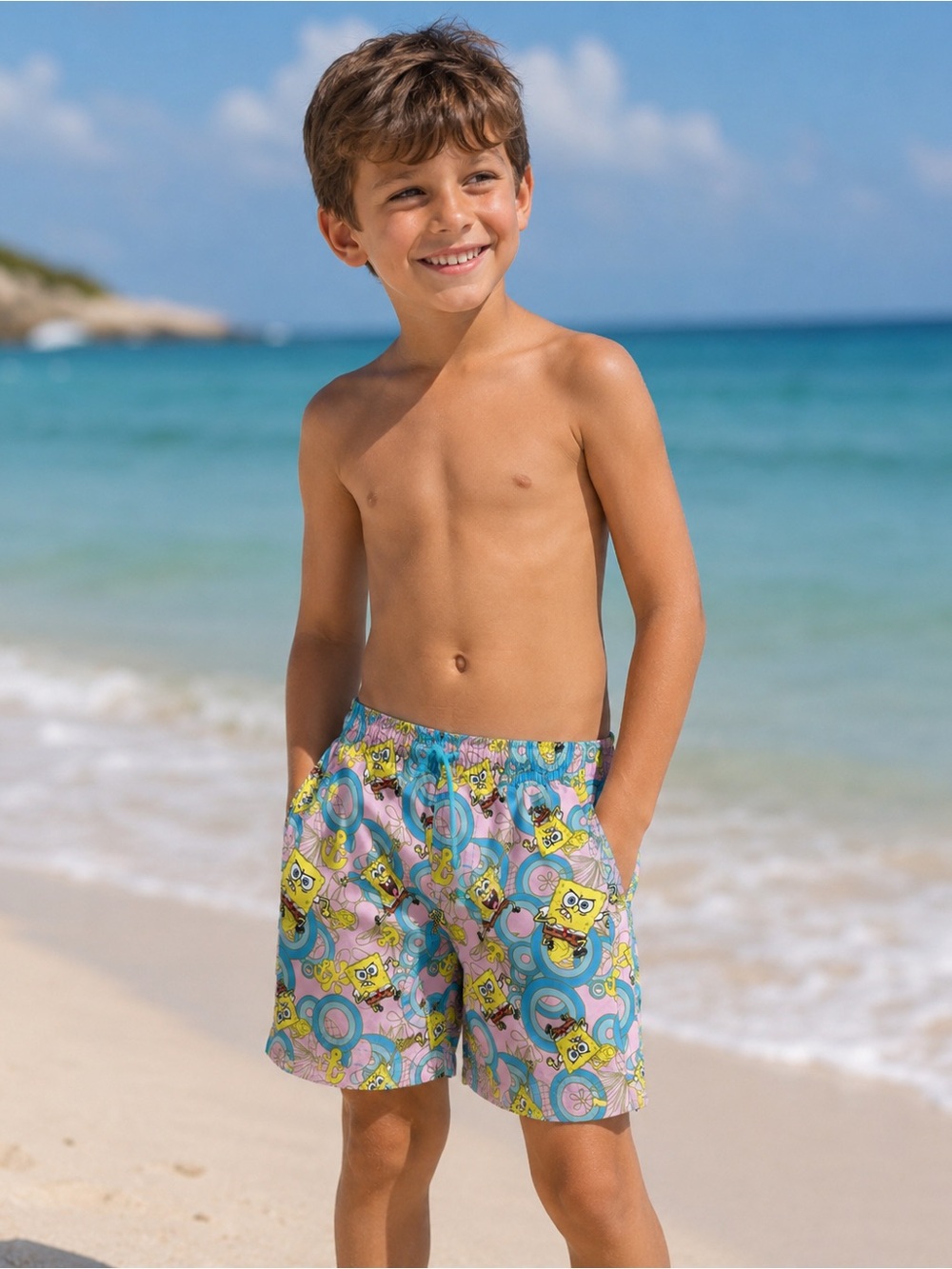 Old Navy SpongeBob Print Kids Swim Trunks - Blue, Pink, Yellow